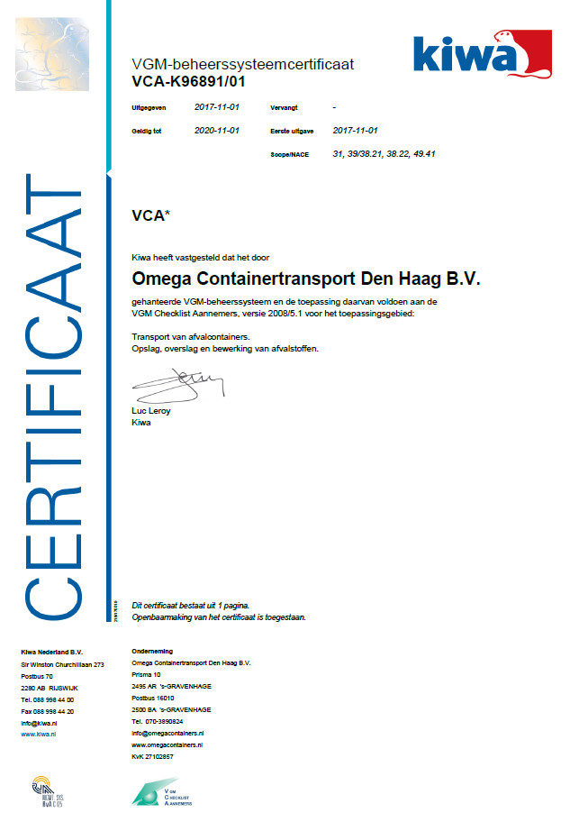Omega Containers is in het bezit van een VCA 2008/5.1 certificaat