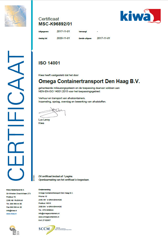 Omega Containers is in het bezit van een ISO 14001-2004 certificaat