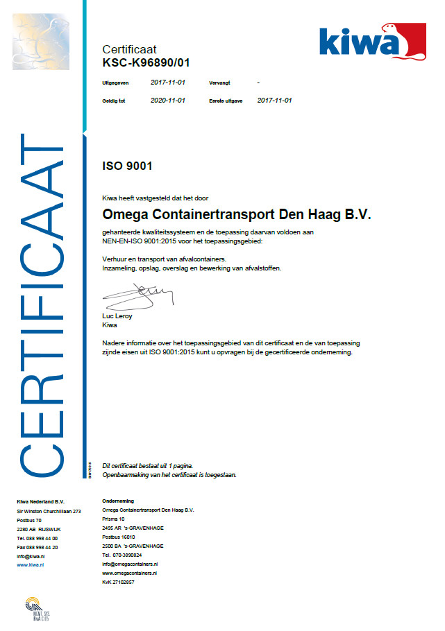 Omega Containers is in het bezit van een ISO 9001-2008 certificaat